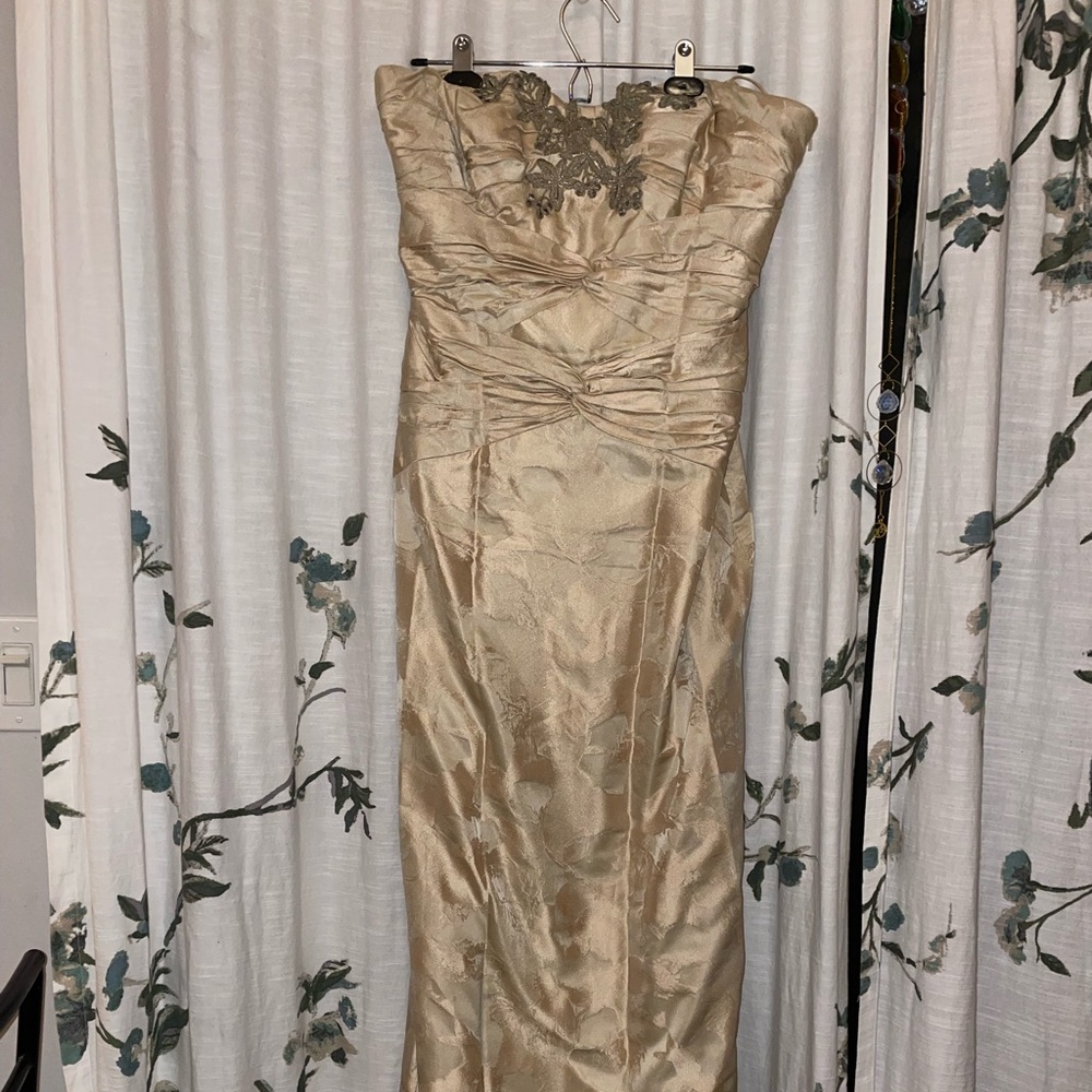 Size 12 gold strapless floor length gown, great as bridesmaid dress/any formal!